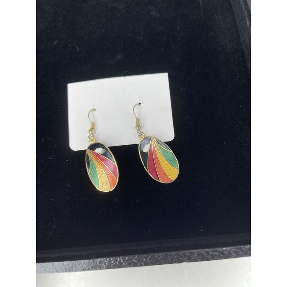Vintage Gold Rainbow Oval Pierced Dangle Earrings Unique 80s - Picture 3 of 5